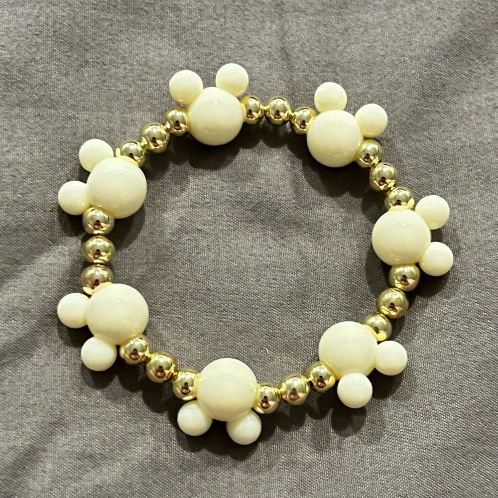 NEW Cream Mickey Mouse Head & Round Gold Beaded Bracelet